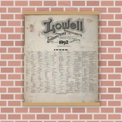 Old map wall art mockup — magnetic wood frame on brick wall — Sanborn Fire Insurance Map from Lowell, Middlesex County, Massachusetts (1892), Sheet #0001