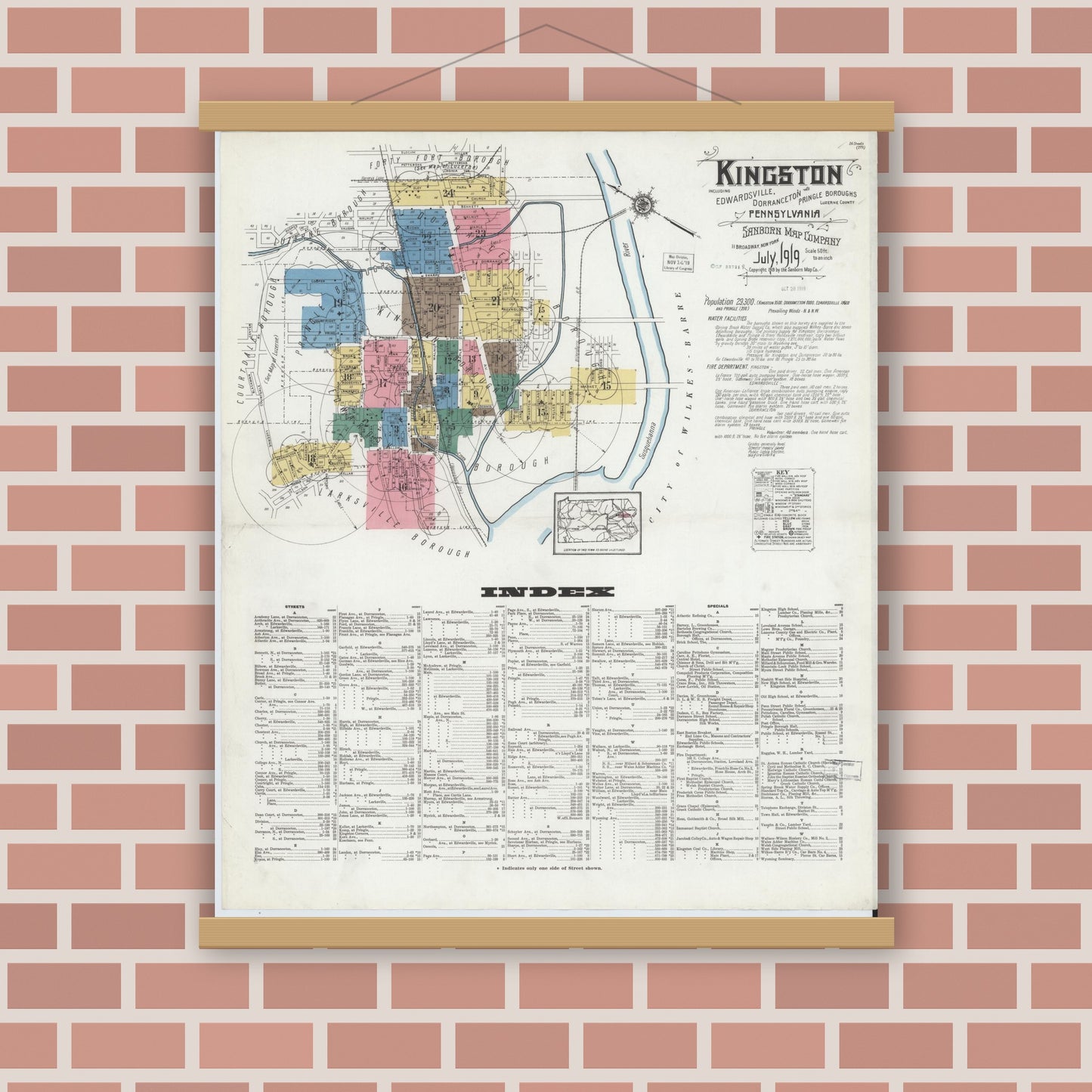 Old map wall art mockup — magnetic wood frame on brick wall — Sanborn Fire Insurance Map from Kingston, Luzerne County, Pennsylvania (1919) - Complete Map Set