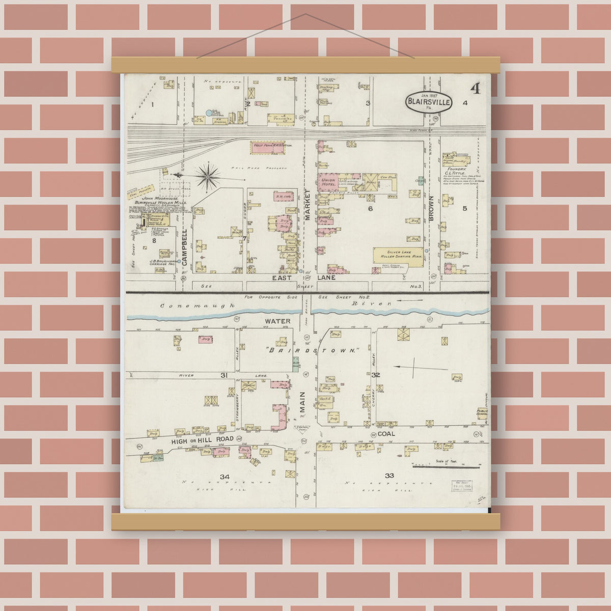 Old map wall art mockup — magnetic wood frame on brick wall — Sanborn Fire Insurance Map from Blairsville, Indiana County, Pennsylvania (1887), Sheet #0004