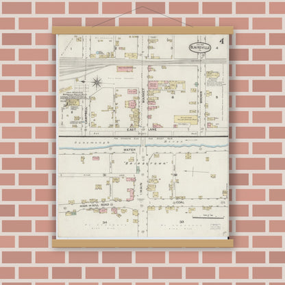 Old map wall art mockup — magnetic wood frame on brick wall — Sanborn Fire Insurance Map from Blairsville, Indiana County, Pennsylvania (1887), Sheet #0004