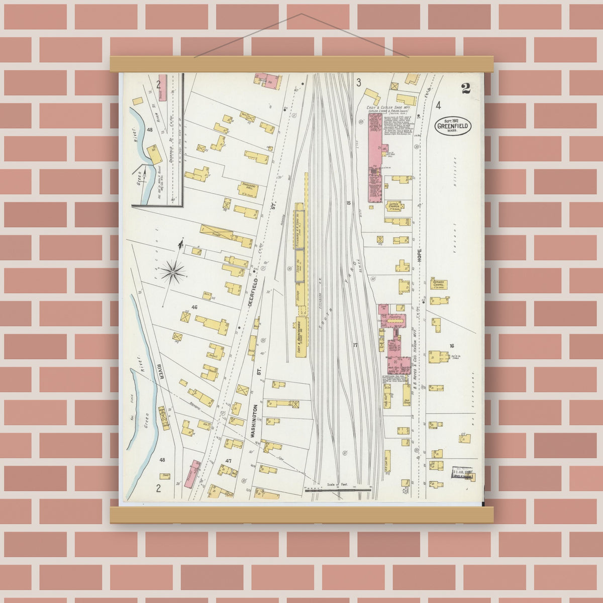 Old map wall art mockup — magnetic wood frame on brick wall — Sanborn Fire Insurance Map from Greenfield, Franklin County, Massachusetts (1902), Sheet #0002