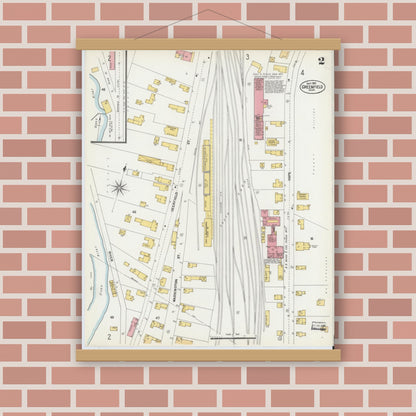 Old map wall art mockup — magnetic wood frame on brick wall — Sanborn Fire Insurance Map from Greenfield, Franklin County, Massachusetts (1902), Sheet #0002
