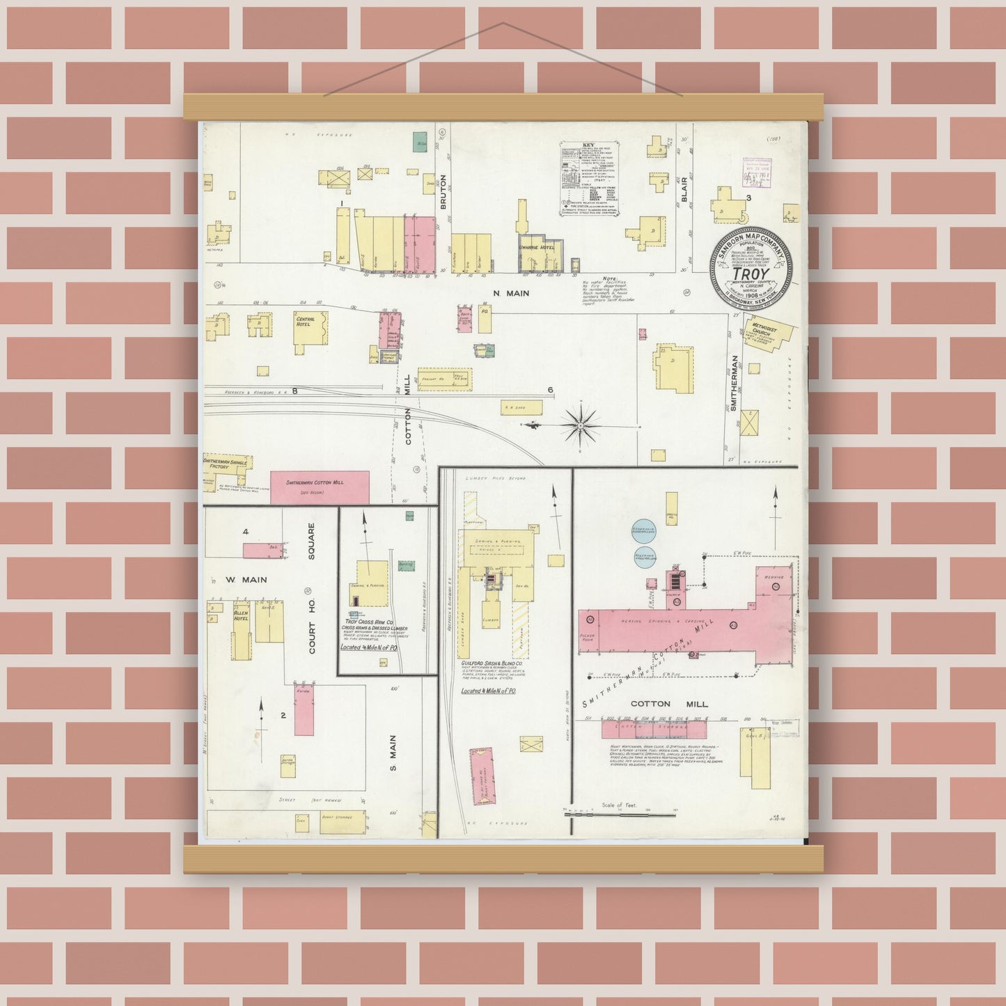 Old map wall art mockup — magnetic wood frame on brick wall — Sanborn Fire Insurance Map from Troy, Montgomery County, North Carolina (1908), Sheet #0001