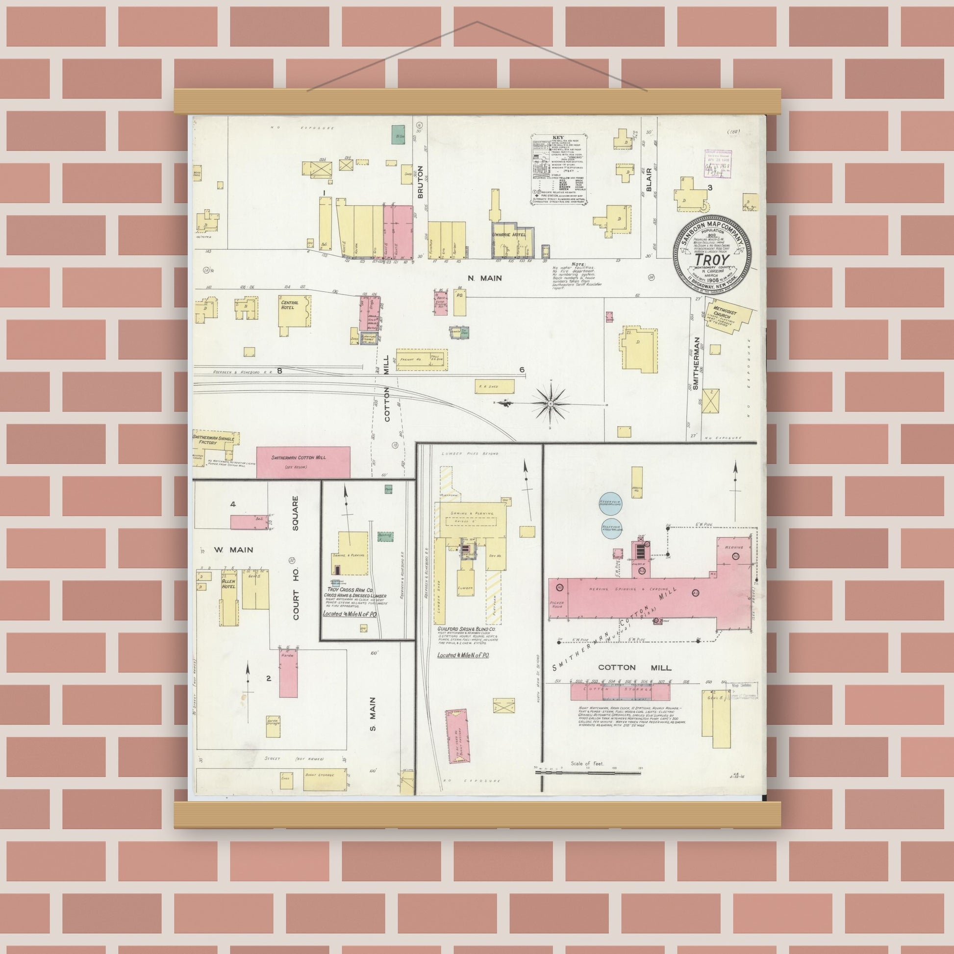 Old map wall art mockup — magnetic wood frame on brick wall — Sanborn Fire Insurance Map from Troy, Montgomery County, North Carolina (1908), Sheet #0001
