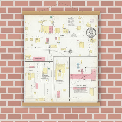 Old map wall art mockup — magnetic wood frame on brick wall — Sanborn Fire Insurance Map from Troy, Montgomery County, North Carolina (1908), Sheet #0001