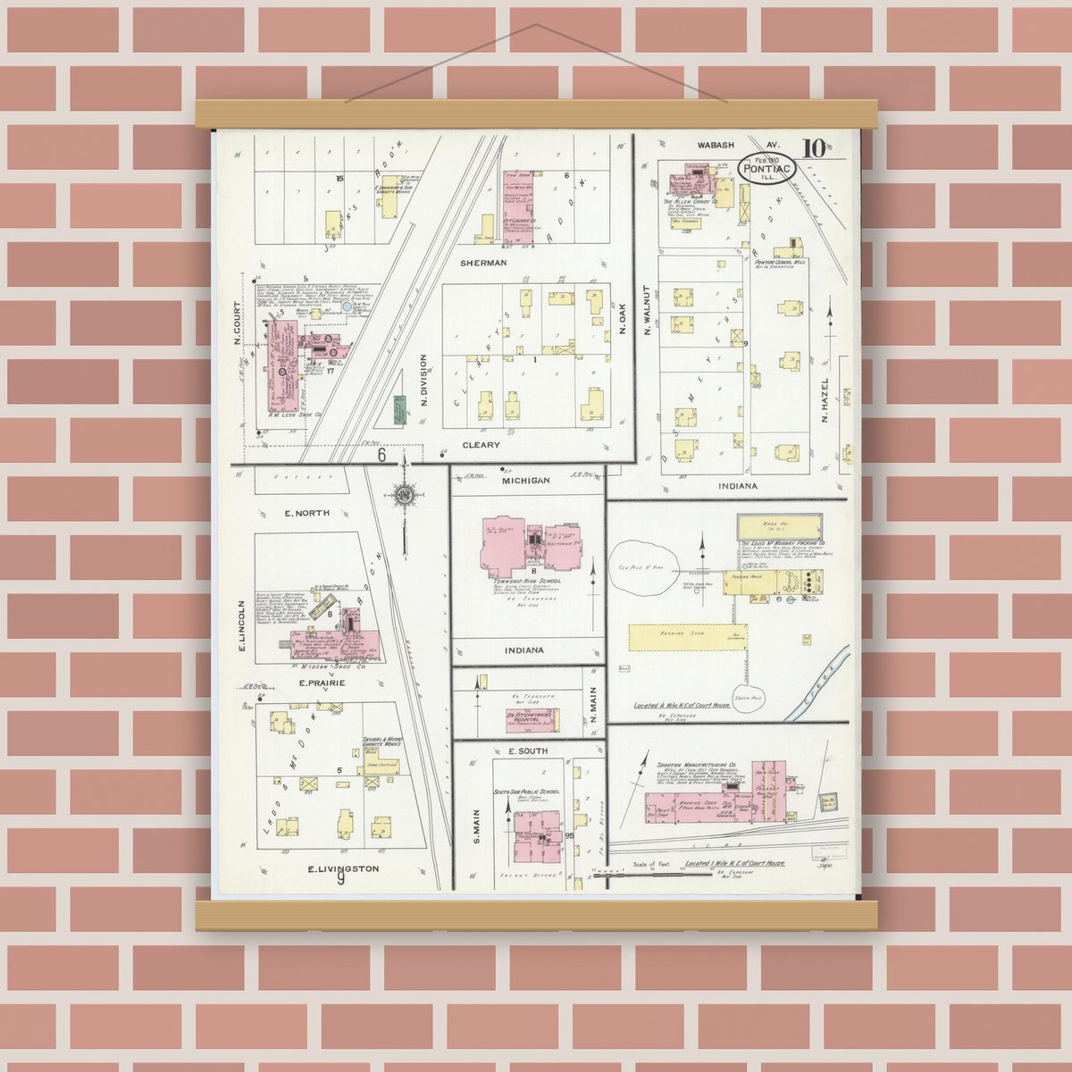 Old map wall art mockup — magnetic wood frame on brick wall — Sanborn Fire Insurance Map from Pontiac, Livingston County, Illinois (1910), Sheet #0010