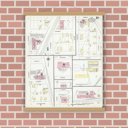 Old map wall art mockup — magnetic wood frame on brick wall — Sanborn Fire Insurance Map from Pontiac, Livingston County, Illinois (1910), Sheet #0010
