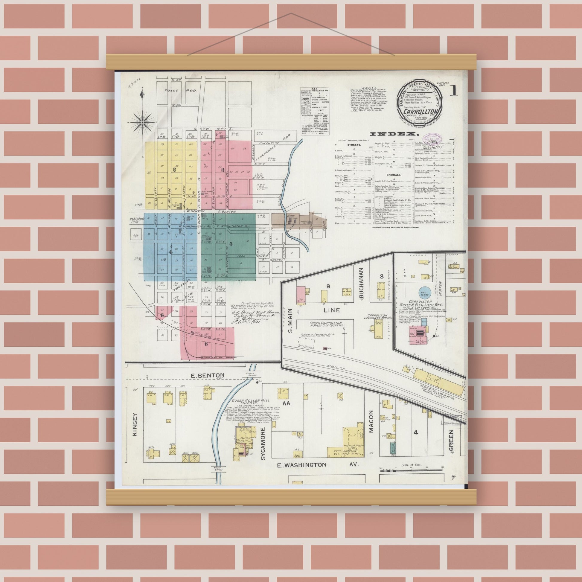 Old map wall art mockup — magnetic wood frame on brick wall — Sanborn Fire Insurance Map from Carrollton, Carroll County, Missouri (1893) - Complete Map Set