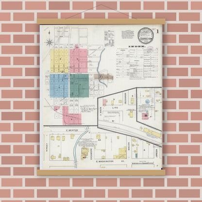 Old map wall art mockup — magnetic wood frame on brick wall — Sanborn Fire Insurance Map from Carrollton, Carroll County, Missouri (1893) - Complete Map Set