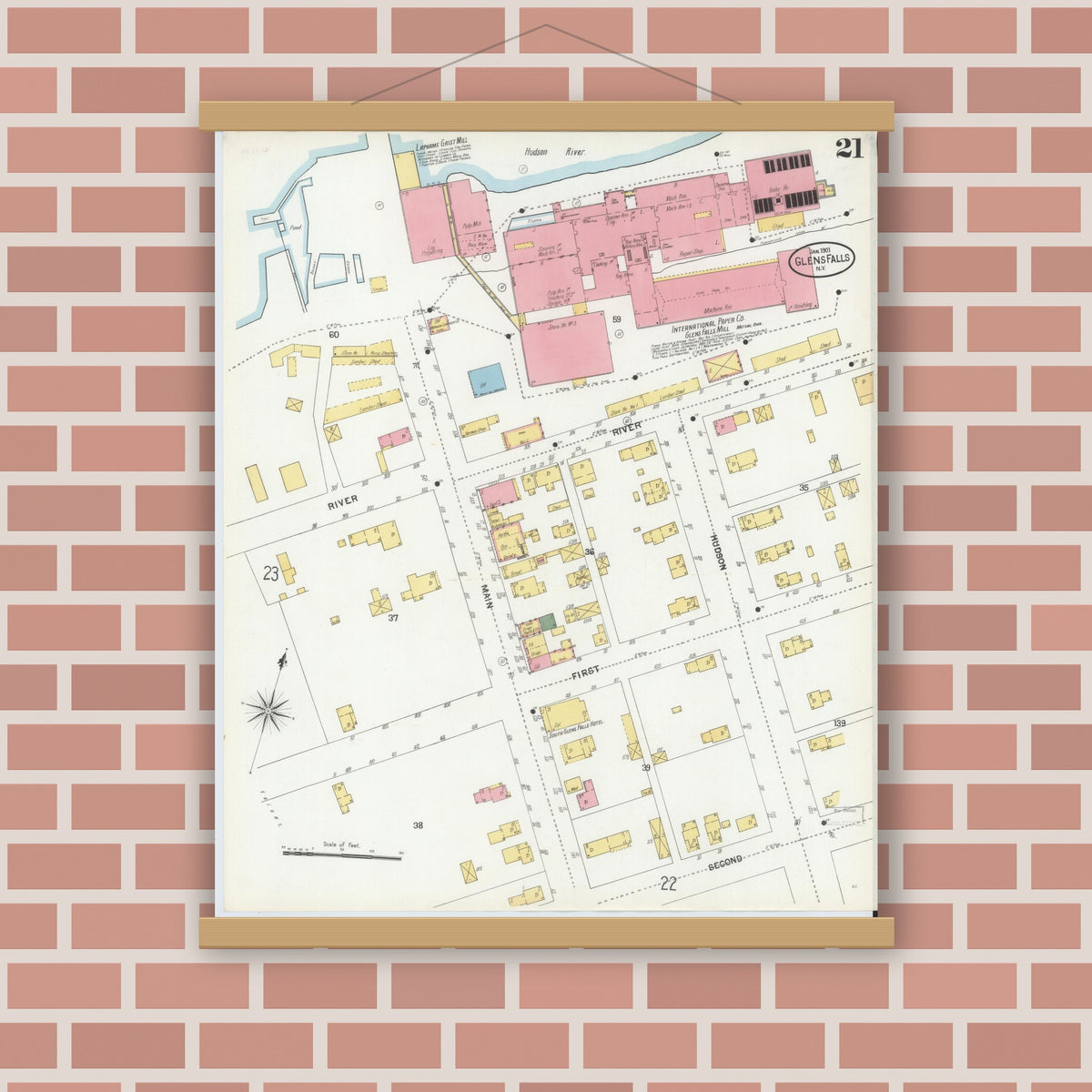 Old map wall art mockup — magnetic wood frame on brick wall — Sanborn Fire Insurance Map from Glens Falls, Warren County, New York (1901), Sheet #0021