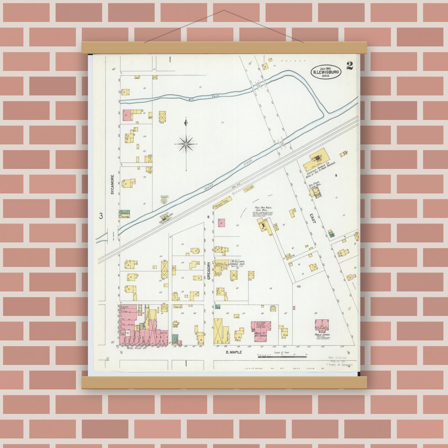 Old map wall art mockup — magnetic wood frame on brick wall — Sanborn Fire Insurance Map from North Lewisburg, Champaign County, Ohio (1901), Sheet #0002
