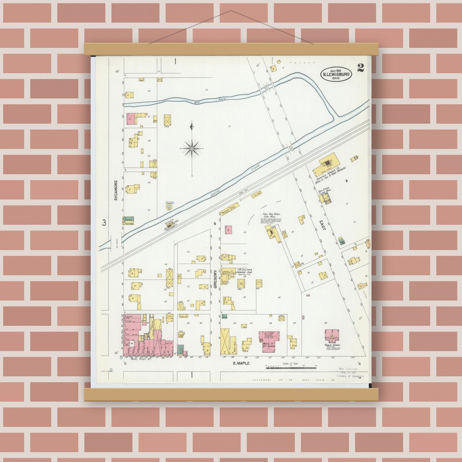 Old map wall art mockup — magnetic wood frame on brick wall — Sanborn Fire Insurance Map from North Lewisburg, Champaign County, Ohio (1901), Sheet #0002
