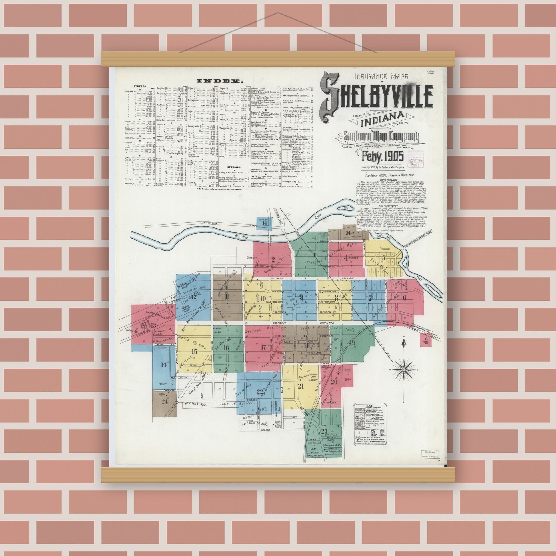 Old map wall art mockup — magnetic wood frame on brick wall — Sanborn Fire Insurance Map from Shelbyville, Shelby County, Indiana (1905), Sheet #0001