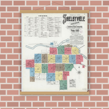 Old map wall art mockup — magnetic wood frame on brick wall — Sanborn Fire Insurance Map from Shelbyville, Shelby County, Indiana (1905), Sheet #0001