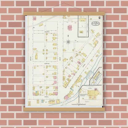 Old map wall art mockup — magnetic wood frame on brick wall — Sanborn Fire Insurance Map from Navarre, Stark County, Ohio (1895), Sheet #0002