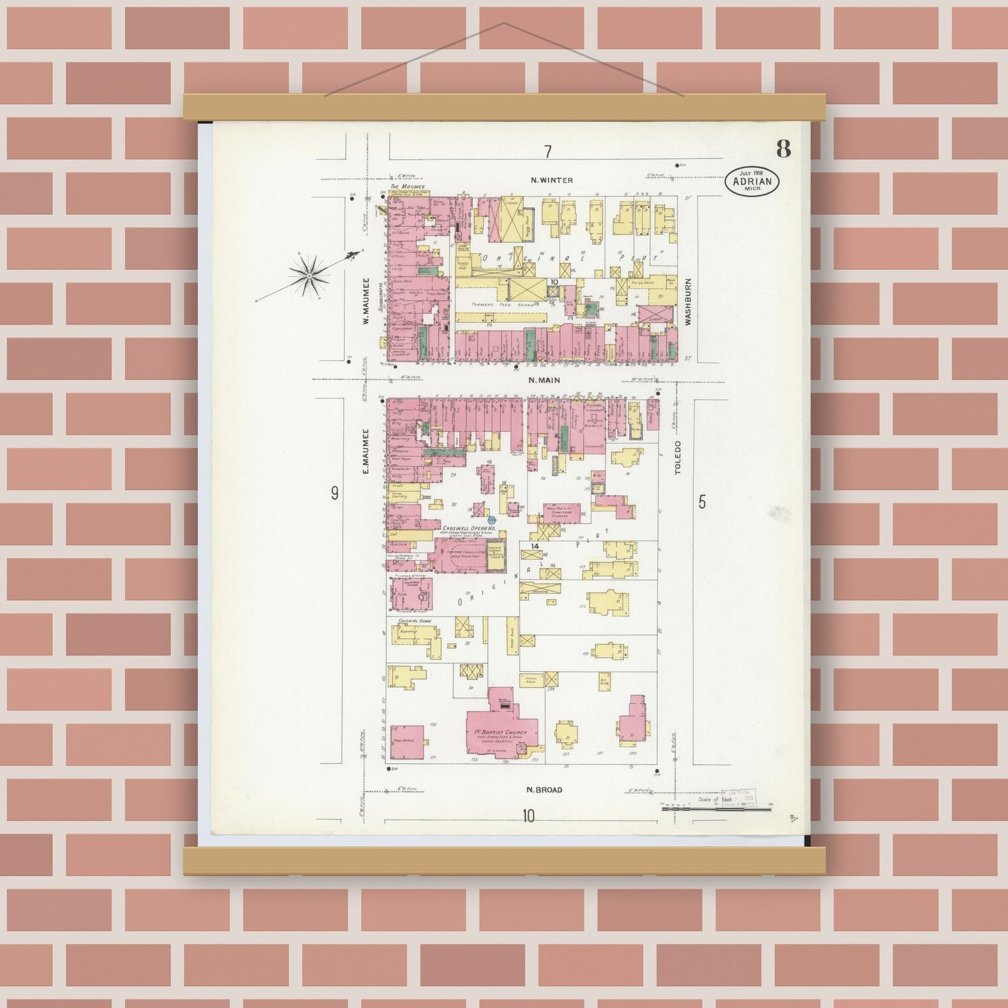 Old map wall art mockup — magnetic wood frame on brick wall — Sanborn Fire Insurance Map from Adrian, Lenawee County, Michigan (1908), Sheet #0008