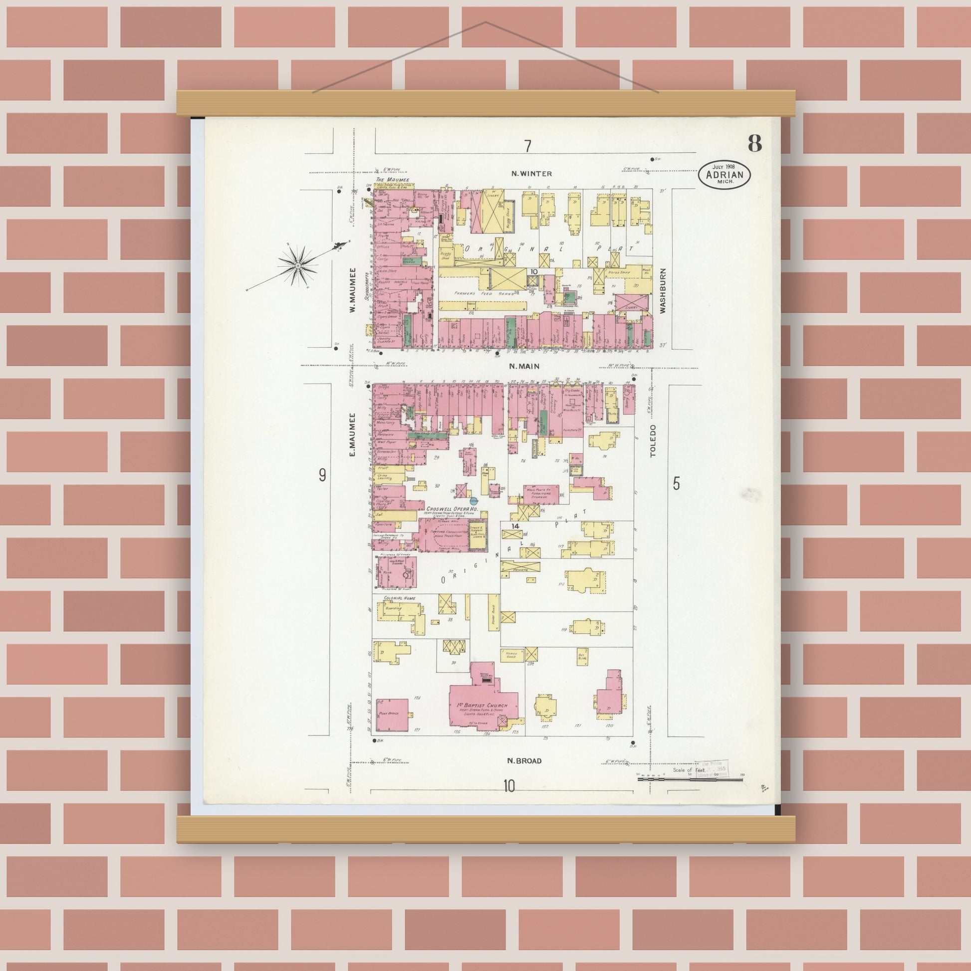 Old map wall art mockup — magnetic wood frame on brick wall — Sanborn Fire Insurance Map from Adrian, Lenawee County, Michigan (1908), Sheet #0008