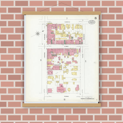 Old map wall art mockup — magnetic wood frame on brick wall — Sanborn Fire Insurance Map from Adrian, Lenawee County, Michigan (1908), Sheet #0008
