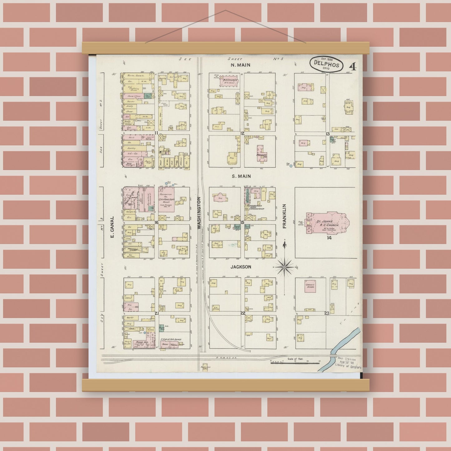 Old map wall art mockup — magnetic wood frame on brick wall — Sanborn Fire Insurance Map from Delphos, Van Wert And Allen Counties, Ohio (1888), Sheet #0004