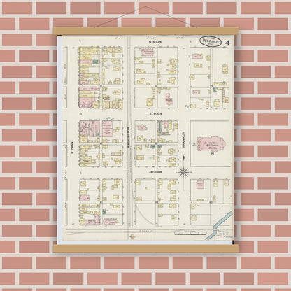Old map wall art mockup — magnetic wood frame on brick wall — Sanborn Fire Insurance Map from Delphos, Van Wert And Allen Counties, Ohio (1888), Sheet #0004
