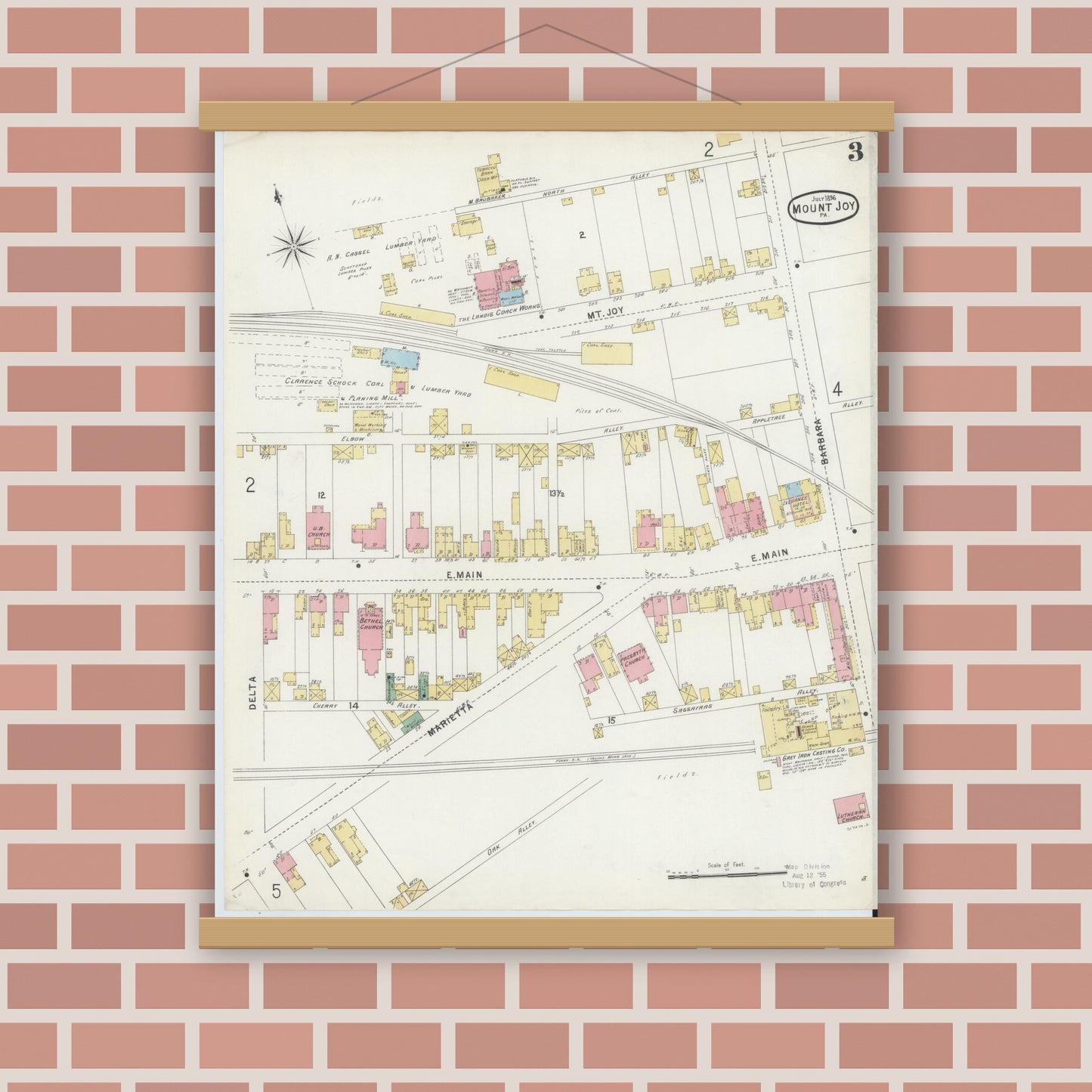 Old map wall art mockup — magnetic wood frame on brick wall — Sanborn Fire Insurance Map from Mount Joy, Lancaster County, Pennsylvania (1896), Sheet #0003