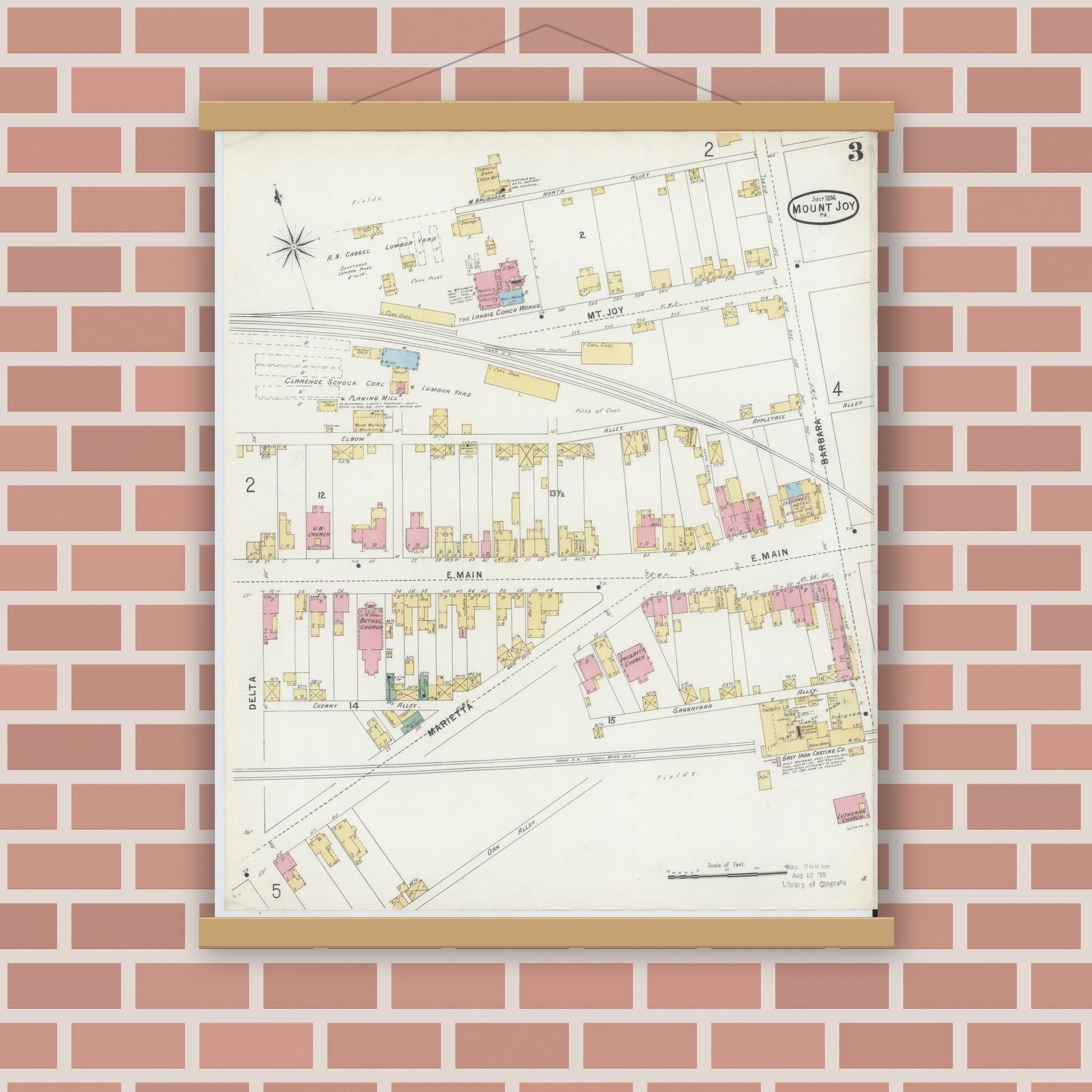 Old map wall art mockup — magnetic wood frame on brick wall — Sanborn Fire Insurance Map from Mount Joy, Lancaster County, Pennsylvania (1896), Sheet #0003