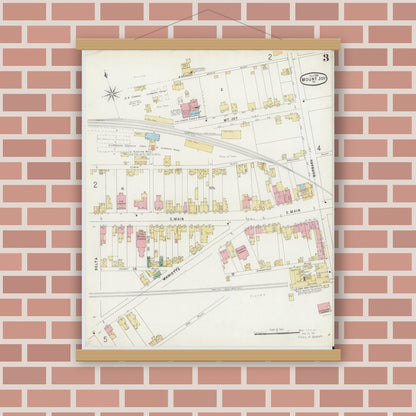 Old map wall art mockup — magnetic wood frame on brick wall — Sanborn Fire Insurance Map from Mount Joy, Lancaster County, Pennsylvania (1896), Sheet #0003