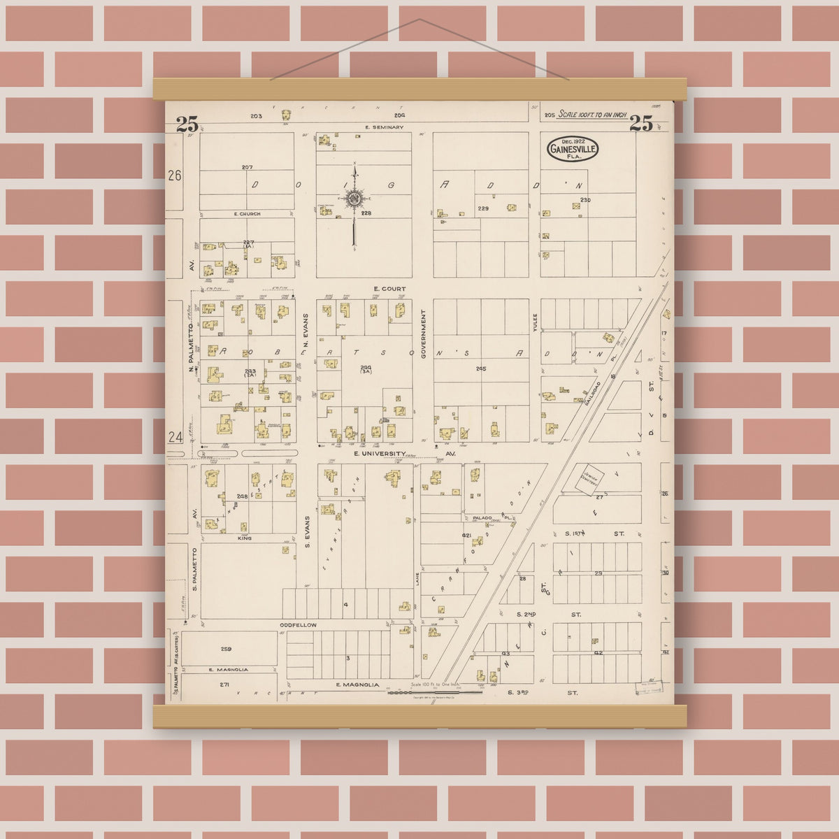 Old map wall art mockup — magnetic wood frame on brick wall — Sanborn Fire Insurance Map from Gainesville, Alachua County, Florida (1922), Sheet #0025