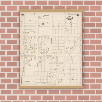 Old map wall art mockup — magnetic wood frame on brick wall — Sanborn Fire Insurance Map from Gainesville, Alachua County, Florida (1922), Sheet #0025