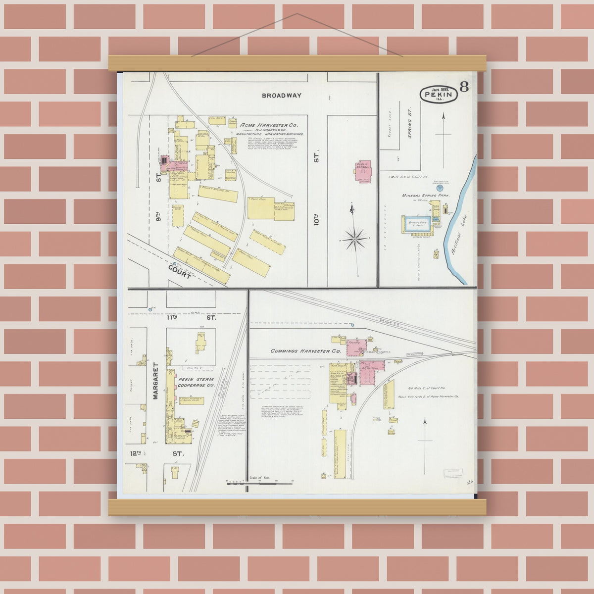 Old map wall art mockup — magnetic wood frame on brick wall — Sanborn Fire Insurance Map from Pekin, Tazewell County, Illinois (1892), Sheet #0008