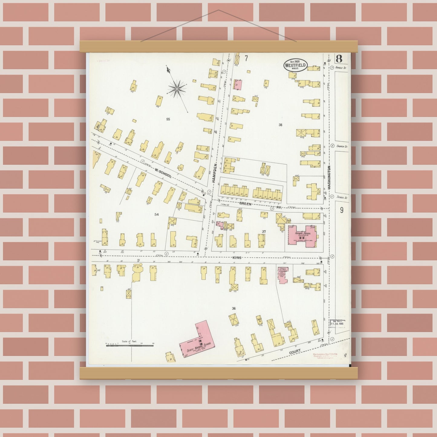 Old map wall art mockup — magnetic wood frame on brick wall — Sanborn Fire Insurance Map from Westfield, Hampden County, Massachusetts (1900), Sheet #0008