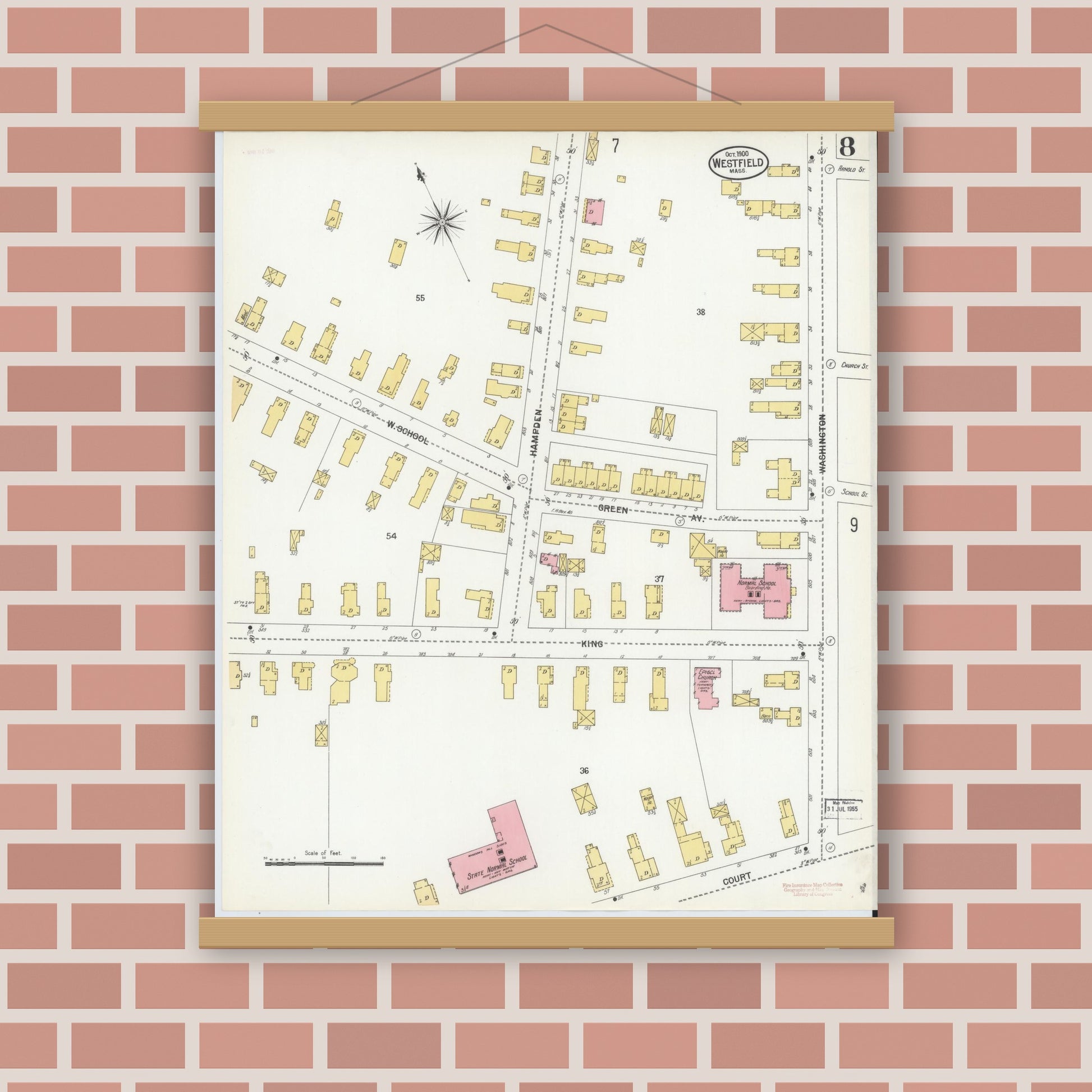 Old map wall art mockup — magnetic wood frame on brick wall — Sanborn Fire Insurance Map from Westfield, Hampden County, Massachusetts (1900), Sheet #0008
