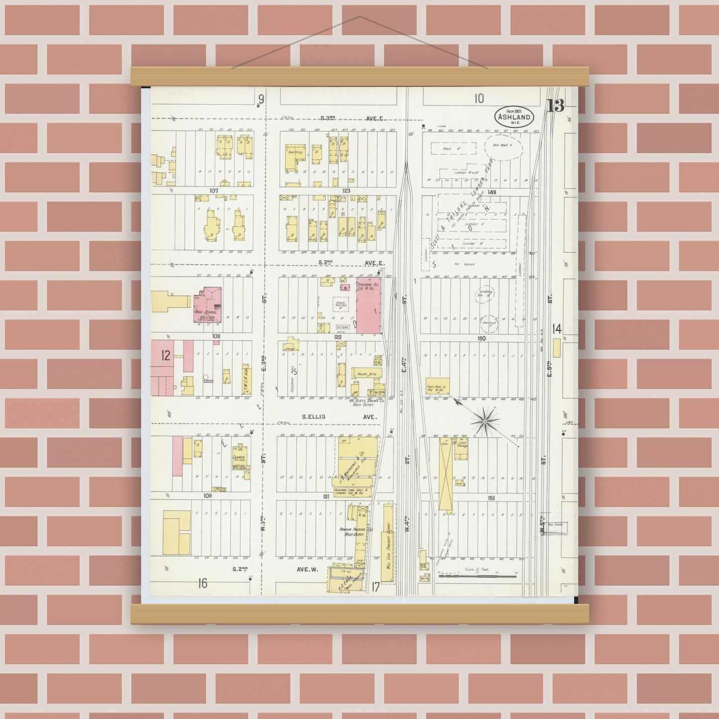 Old map wall art mockup — magnetic wood frame on brick wall — Sanborn Fire Insurance Map from Ashland, Ashland County, Wisconsin (1901), Sheet #0013