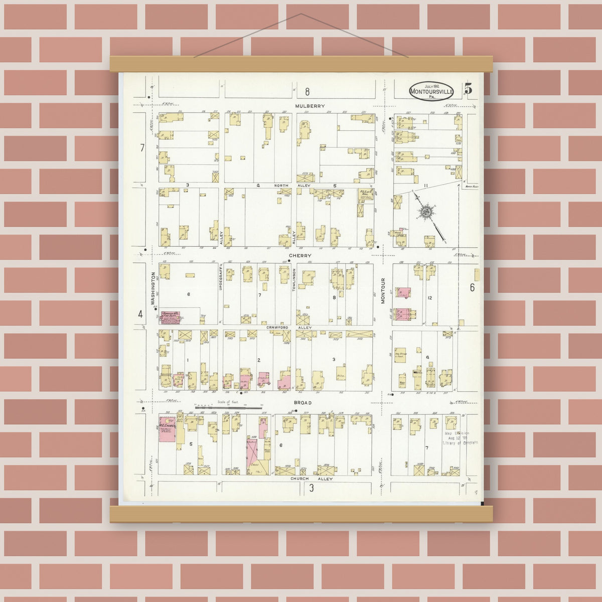 Old map wall art mockup — magnetic wood frame on brick wall — Sanborn Fire Insurance Map from Montoursville, Lycoming County, Pennsylvania (1912), Sheet #0005