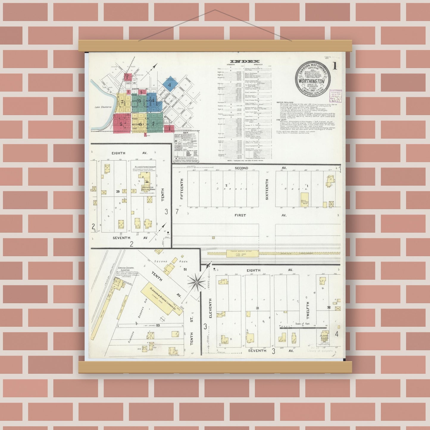 Old map wall art mockup — magnetic wood frame on brick wall — Sanborn Fire Insurance Map from Worthington, Nobles County, Minnesota (1907), Sheet #0001