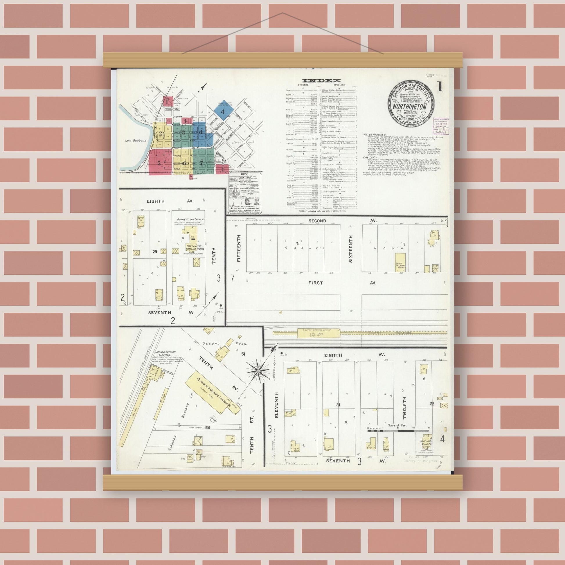 Old map wall art mockup — magnetic wood frame on brick wall — Sanborn Fire Insurance Map from Worthington, Nobles County, Minnesota (1907), Sheet #0001