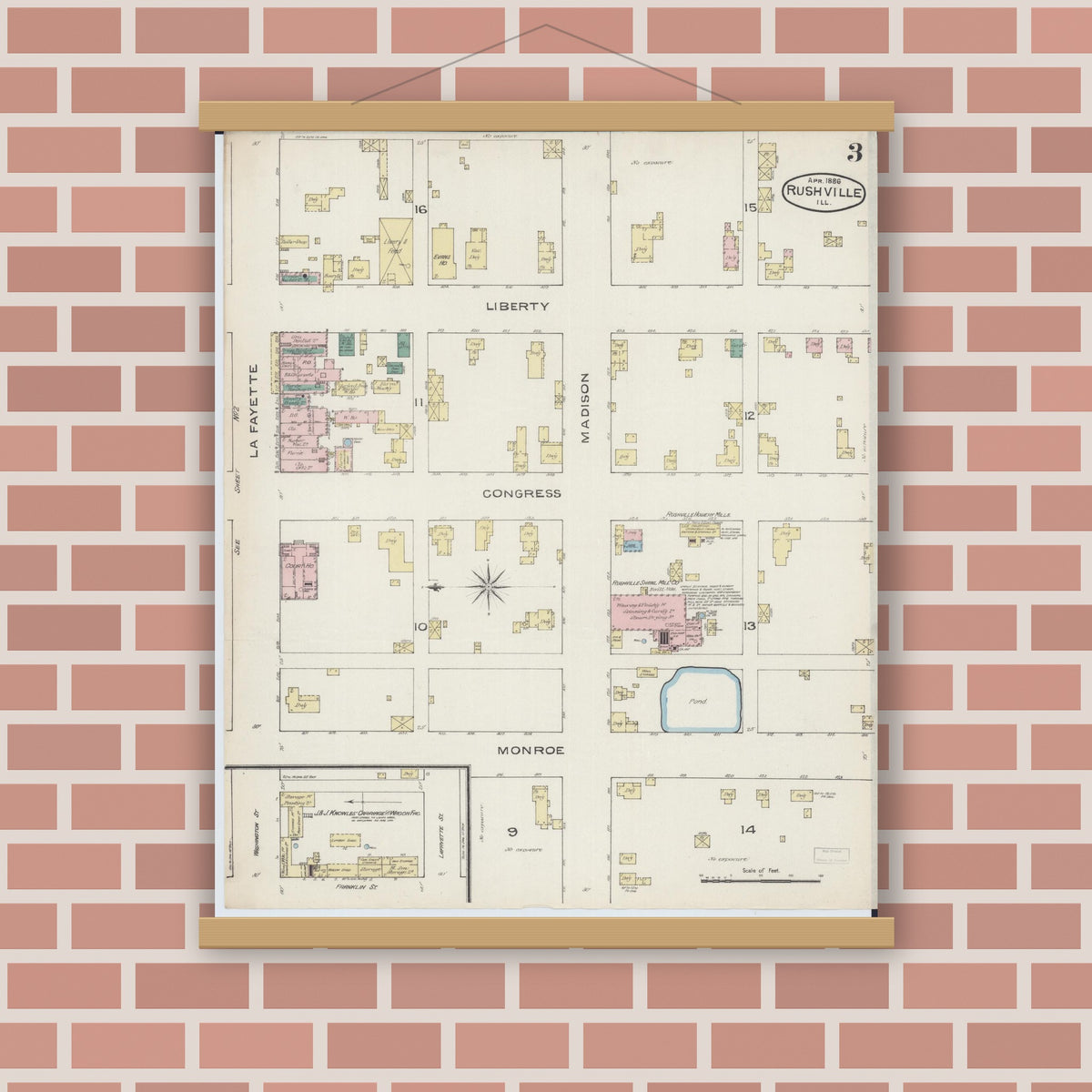 Old map wall art mockup — magnetic wood frame on brick wall — Sanborn Fire Insurance Map from Rushville, Schuyler County, Illinois (1886), Sheet #0003