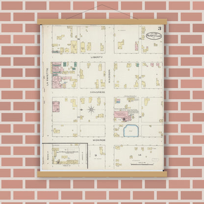 Old map wall art mockup — magnetic wood frame on brick wall — Sanborn Fire Insurance Map from Rushville, Schuyler County, Illinois (1886), Sheet #0003