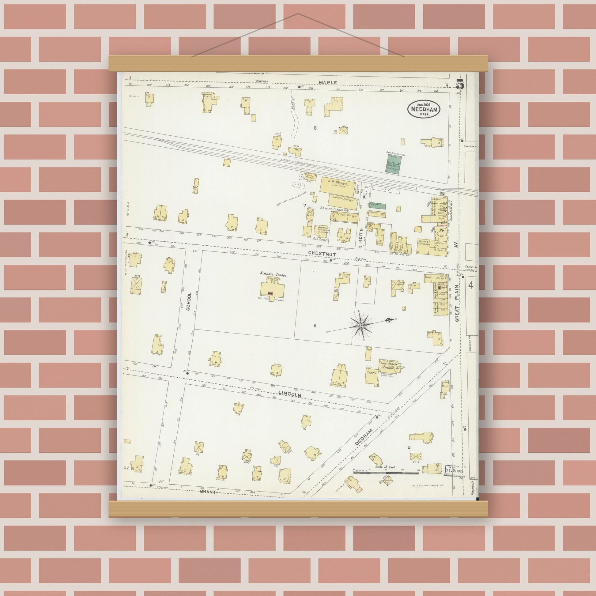 Old map wall art mockup — magnetic wood frame on brick wall — Sanborn Fire Insurance Map from Needham, Norfolk County, Massachusetts (1906), Sheet #0005