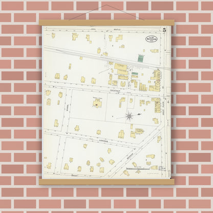 Old map wall art mockup — magnetic wood frame on brick wall — Sanborn Fire Insurance Map from Needham, Norfolk County, Massachusetts (1906), Sheet #0005