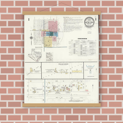 Old map wall art mockup — magnetic wood frame on brick wall — Sanborn Fire Insurance Map from McAllen, Hidalgo County, Texas (1925) - Complete Map Set