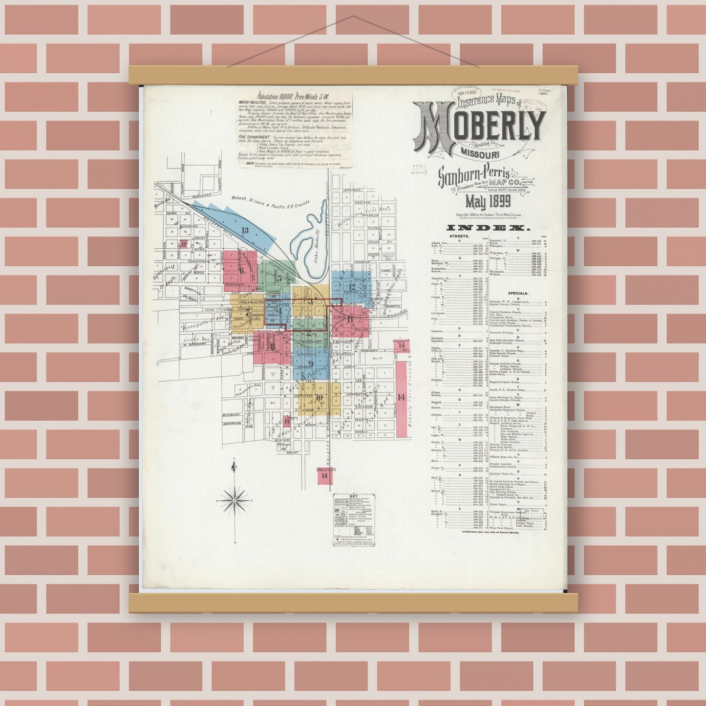 Old map wall art mockup — magnetic wood frame on brick wall — Sanborn Fire Insurance Map from Moberly, Randolph County, Missouri (1899) - Complete Map Set