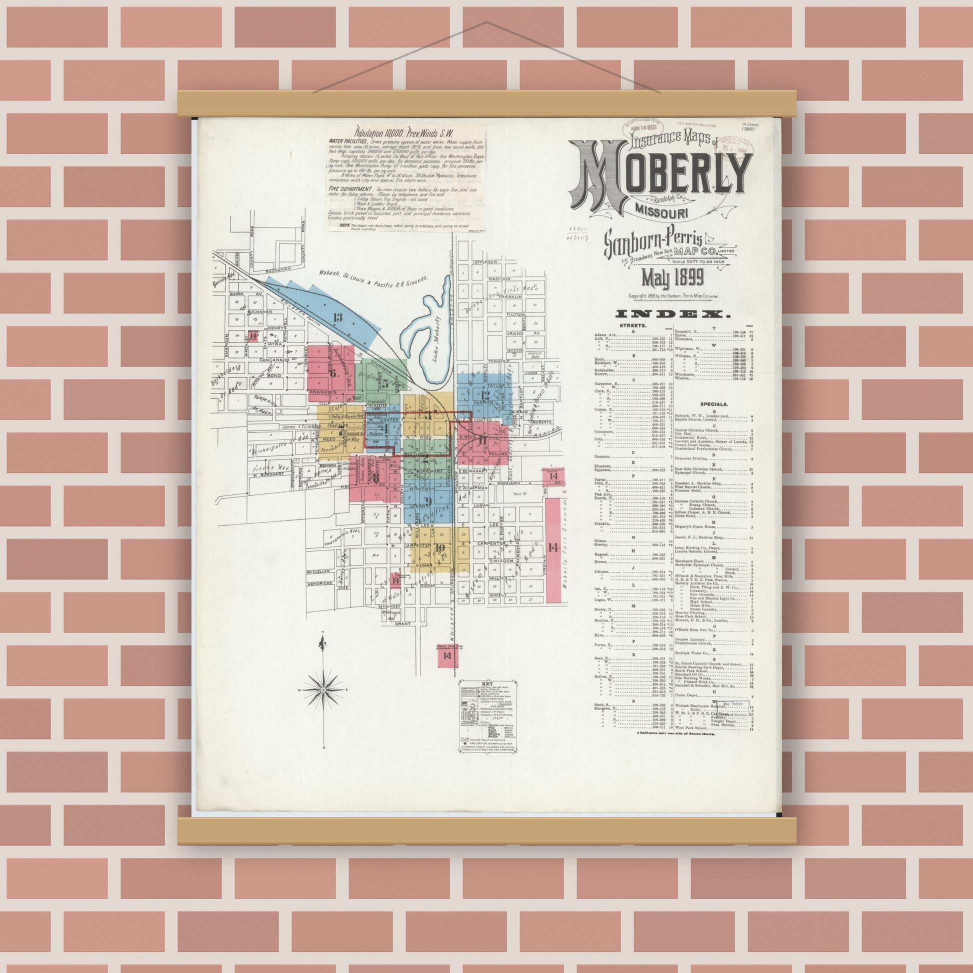 Old map wall art mockup — magnetic wood frame on brick wall — Sanborn Fire Insurance Map from Moberly, Randolph County, Missouri (1899) - Complete Map Set