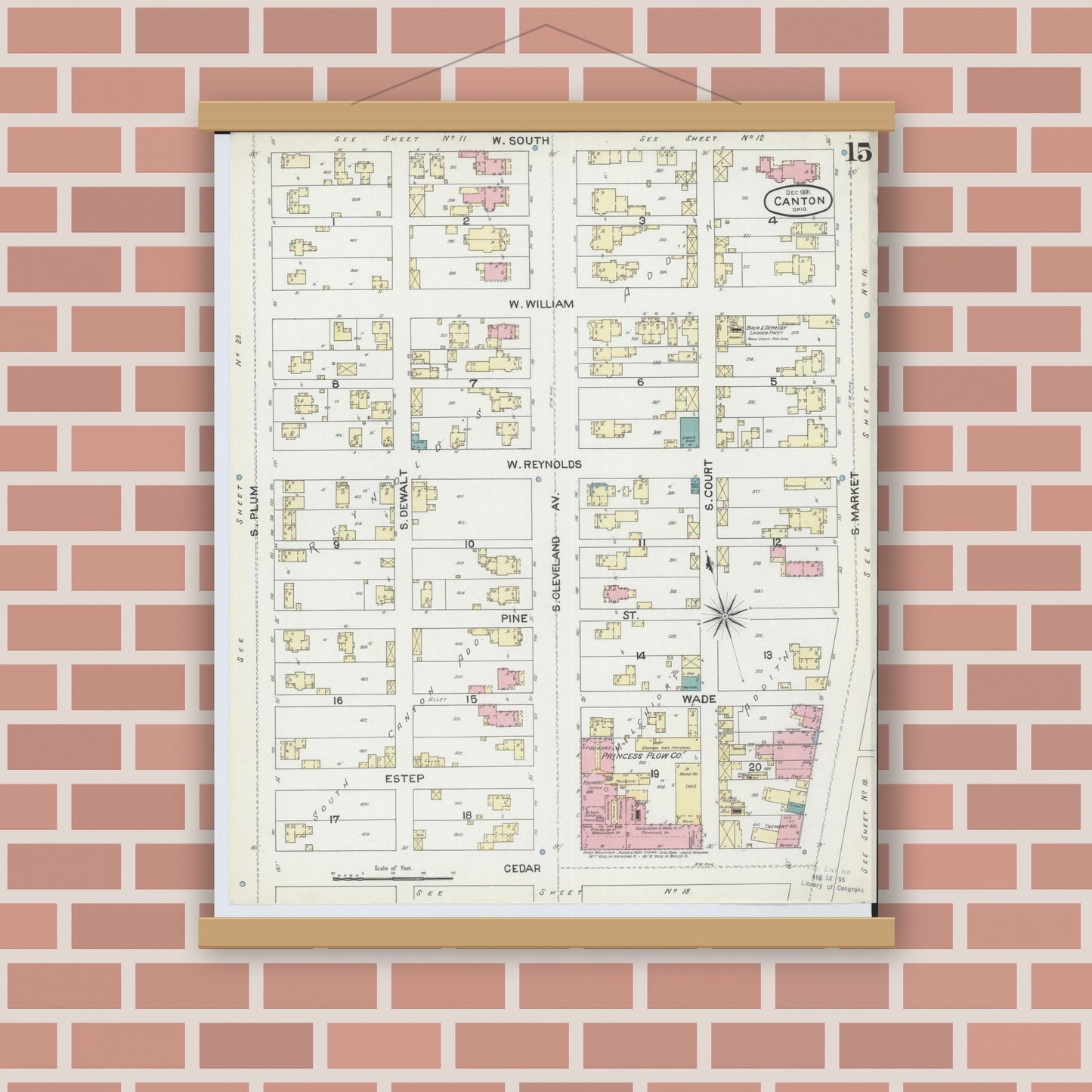 Old map wall art mockup — magnetic wood frame on brick wall — Sanborn Fire Insurance Map from Canton, Stark County, Ohio (1891), Sheet #0015