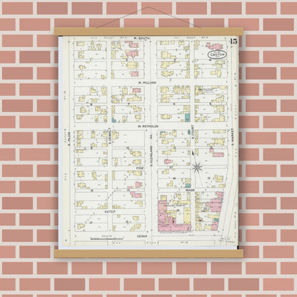 Old map wall art mockup — magnetic wood frame on brick wall — Sanborn Fire Insurance Map from Canton, Stark County, Ohio (1891), Sheet #0015
