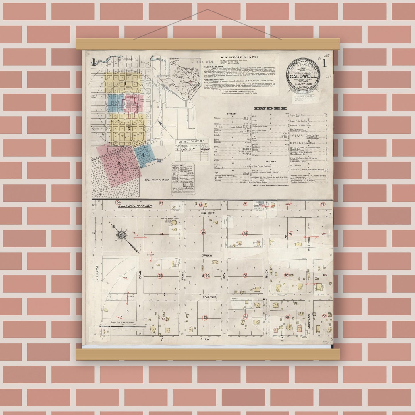 Old map wall art mockup — magnetic wood frame on brick wall — Sanborn Fire Insurance Map from Caldwell, Burleson County, Texas (1943), Sheet #0001