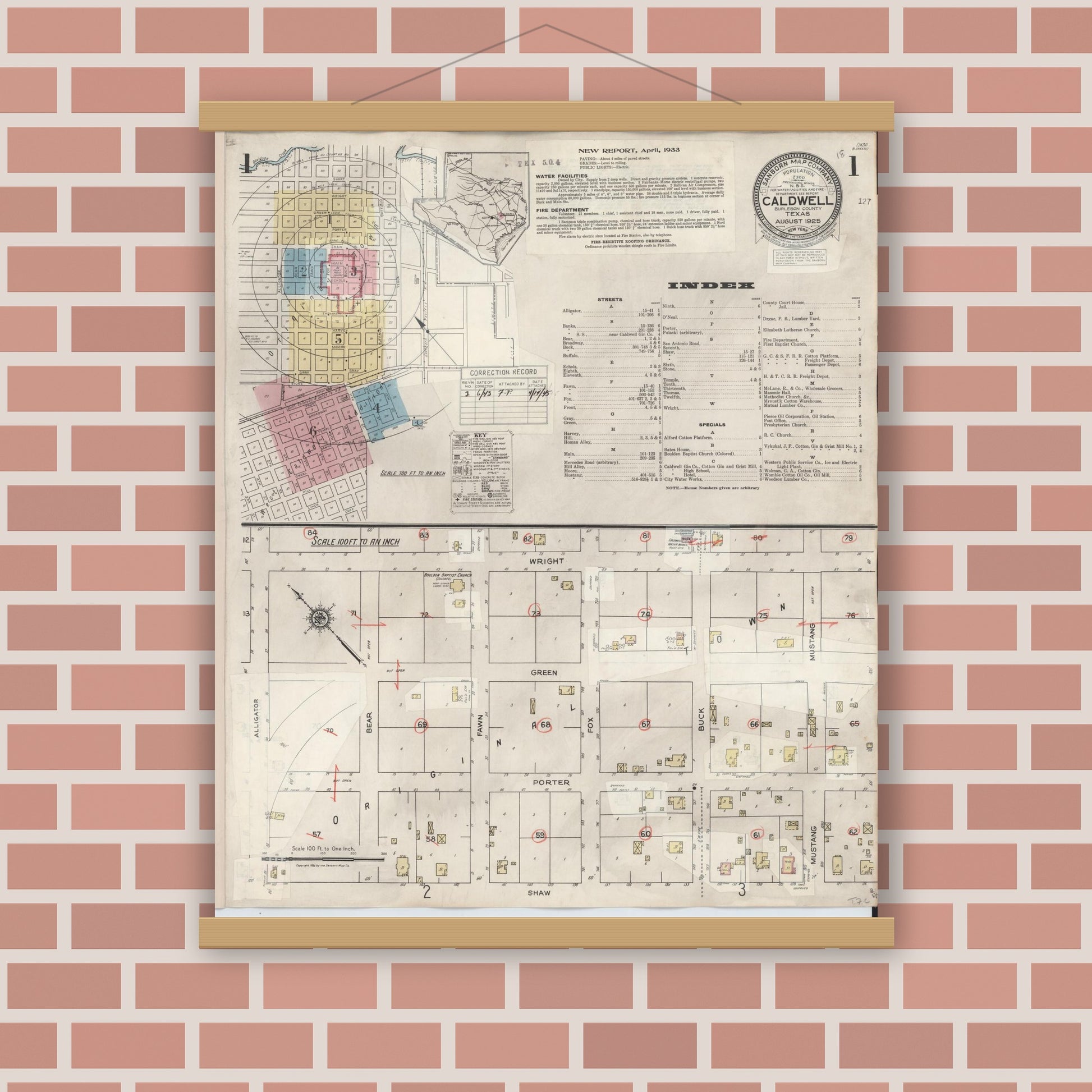 Old map wall art mockup — magnetic wood frame on brick wall — Sanborn Fire Insurance Map from Caldwell, Burleson County, Texas (1943), Sheet #0001