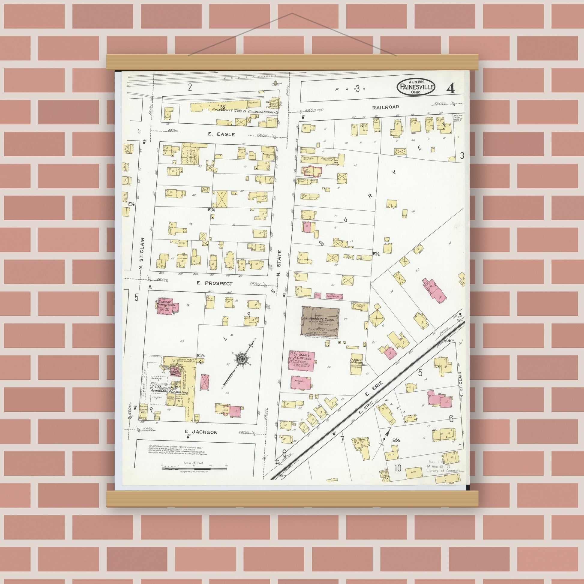 Old map wall art mockup — magnetic wood frame on brick wall — Sanborn Fire Insurance Map from Painesville, Lake County, Ohio (1919), Sheet #0004