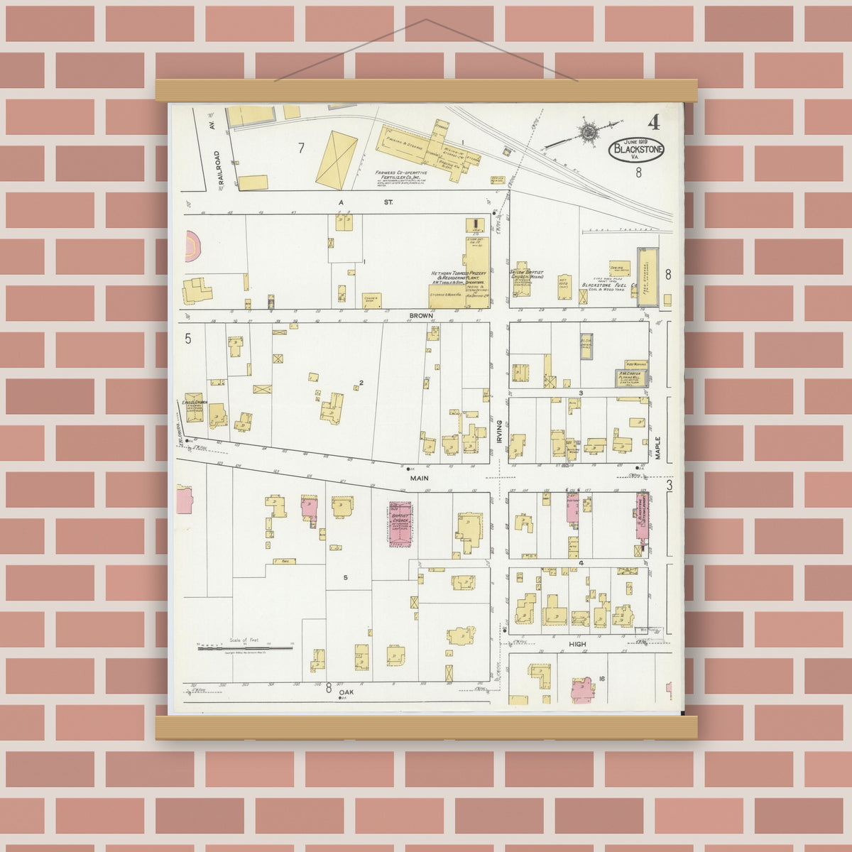 Old map wall art mockup — magnetic wood frame on brick wall — Sanborn Fire Insurance Map from Blackstone, Nottoway County, Virginia (1919), Sheet #0004
