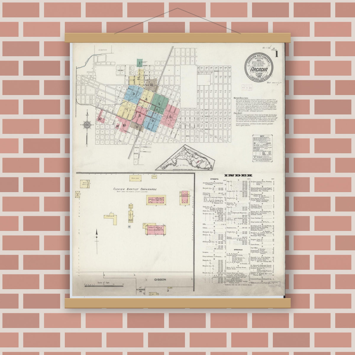 Old map wall art mockup — magnetic wood frame on brick wall — Sanborn Fire Insurance Map from Arcadia, DeSoto County, Florida (1914) - Complete Map Set